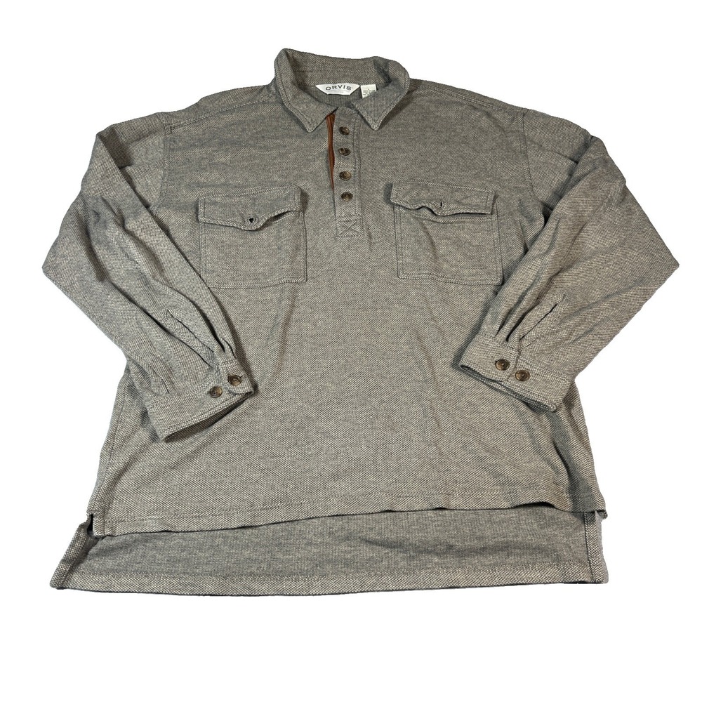 Orvis Men's L Polo Shirt Jersey Knit Ultra-Soft Long Sleeve Gray Pocket Buttons
